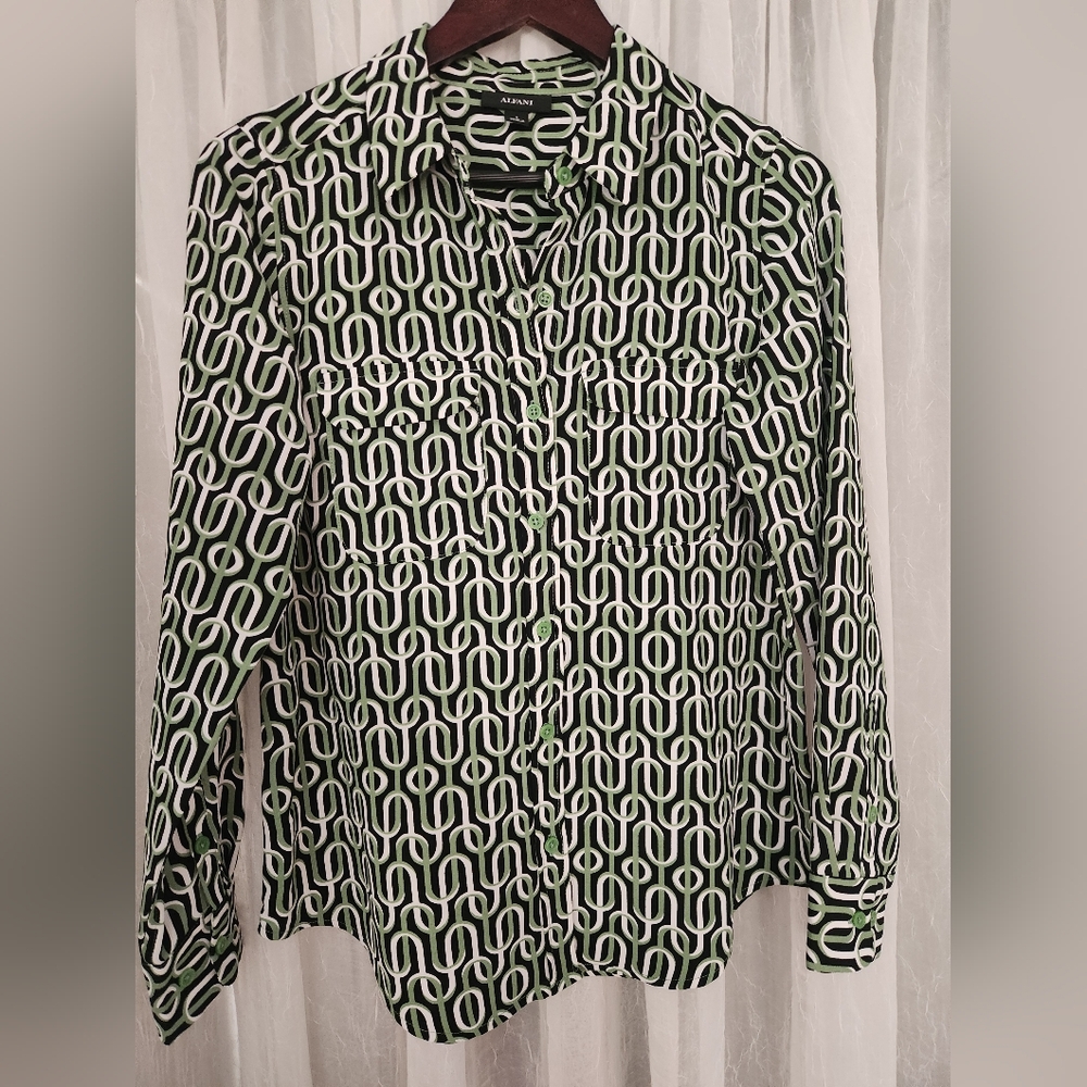 Alfani Black and White Geometric Blouse with Green Accents - Picture 6 of 10